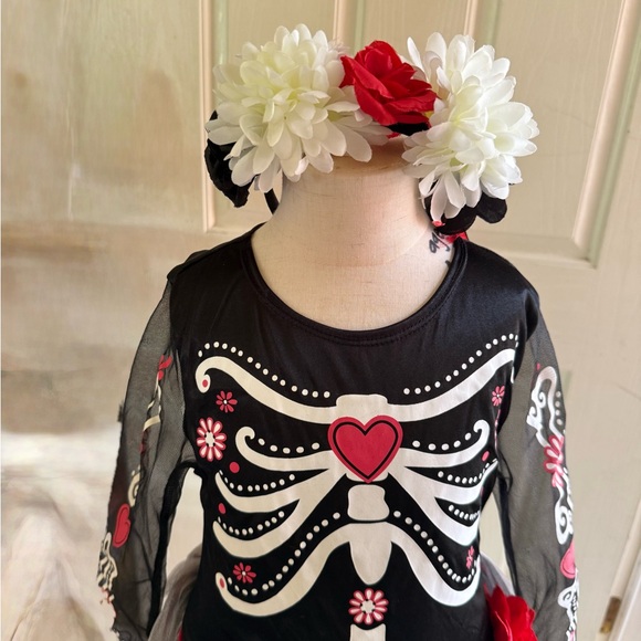 Day of the Dead kids Black and Red Halloween Skeleton Costume - Picture 3 of 9